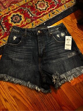 Dark Indigo Frayed Hem Denim Shorts - 27
